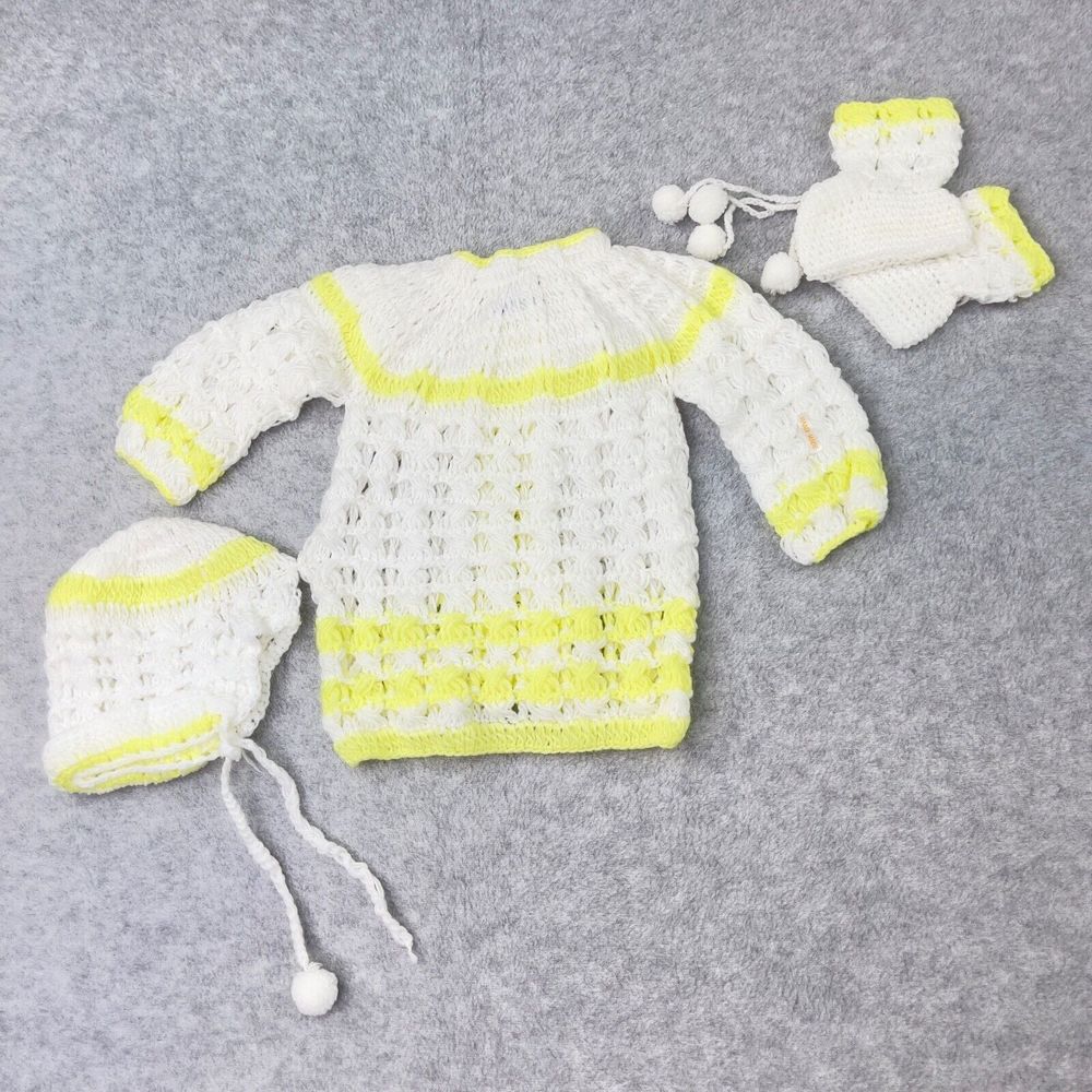 Vintage Handmade Yellow White Knit Baby Set Outfit Dress  Booties Bonnet Doll - Picture 13 of 14